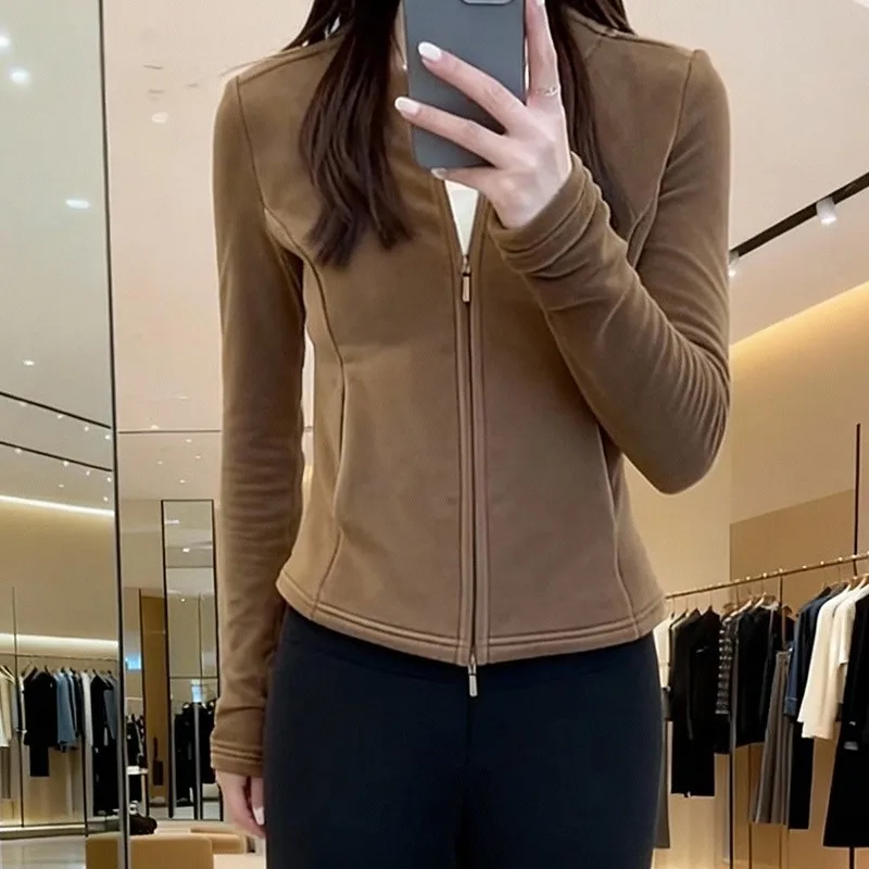 

Women's Slim Fit ort Jaet Double Zipper Long Sve Faionable Casual Wear Polyester Fiber Warm round Ne Zipper Coat