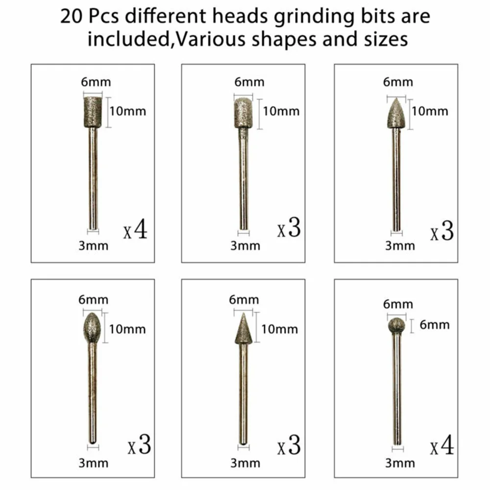 Imagem -06 - Galvanizado Burr Diamante Conjunto Brocas Conjunto para Cortador Mental Ferramenta Rotativa Burr Rotary Ferramenta Elétrica de Moagem 120 Grit 20pc