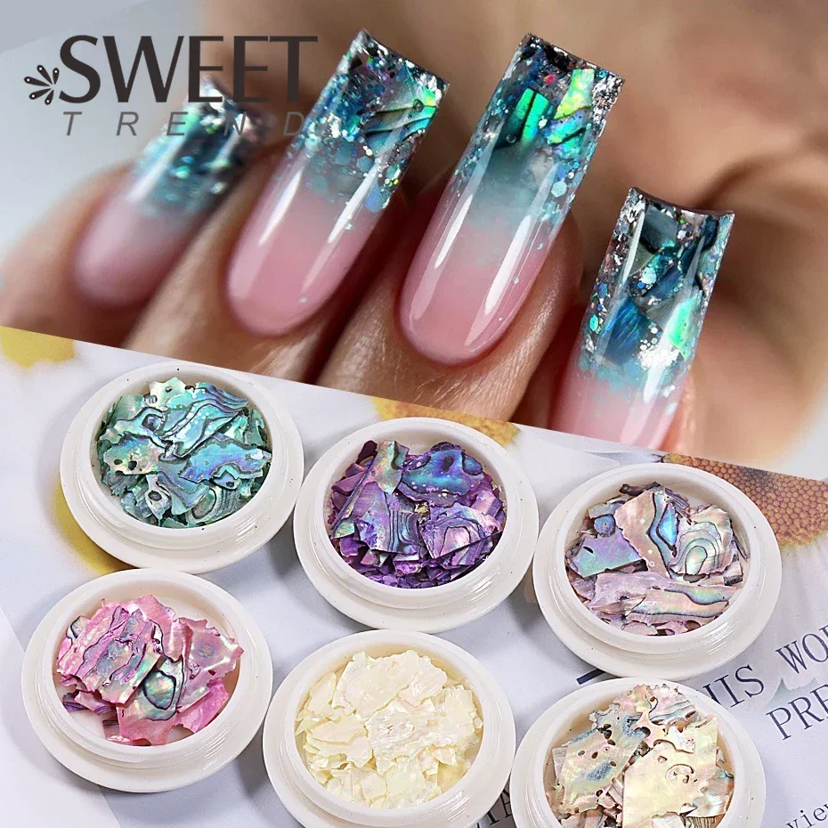 เล็บลายเปลือกหอยเป๋าฮื้อ6ชิ้นเกล็ดประกายระยิบระยับศิลปะเหมือนกระจกโฮโลแกรมลายนางเงือกสีรุ้งตกแต่งเล็บมือแบบไม่สม่ำเสมอ