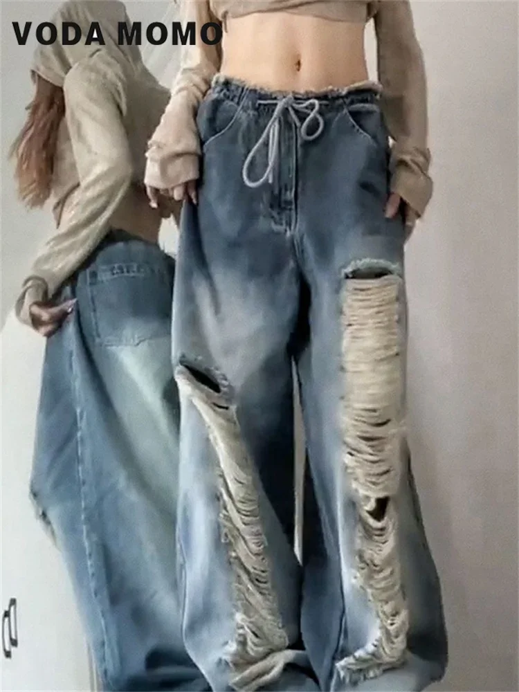 Loose Wide Leg Pants Ladies Y2K Spring  Summer Baggy Boyfriend Jeans For Women Streetwear Straight Pants Ripped Jeans High Waist