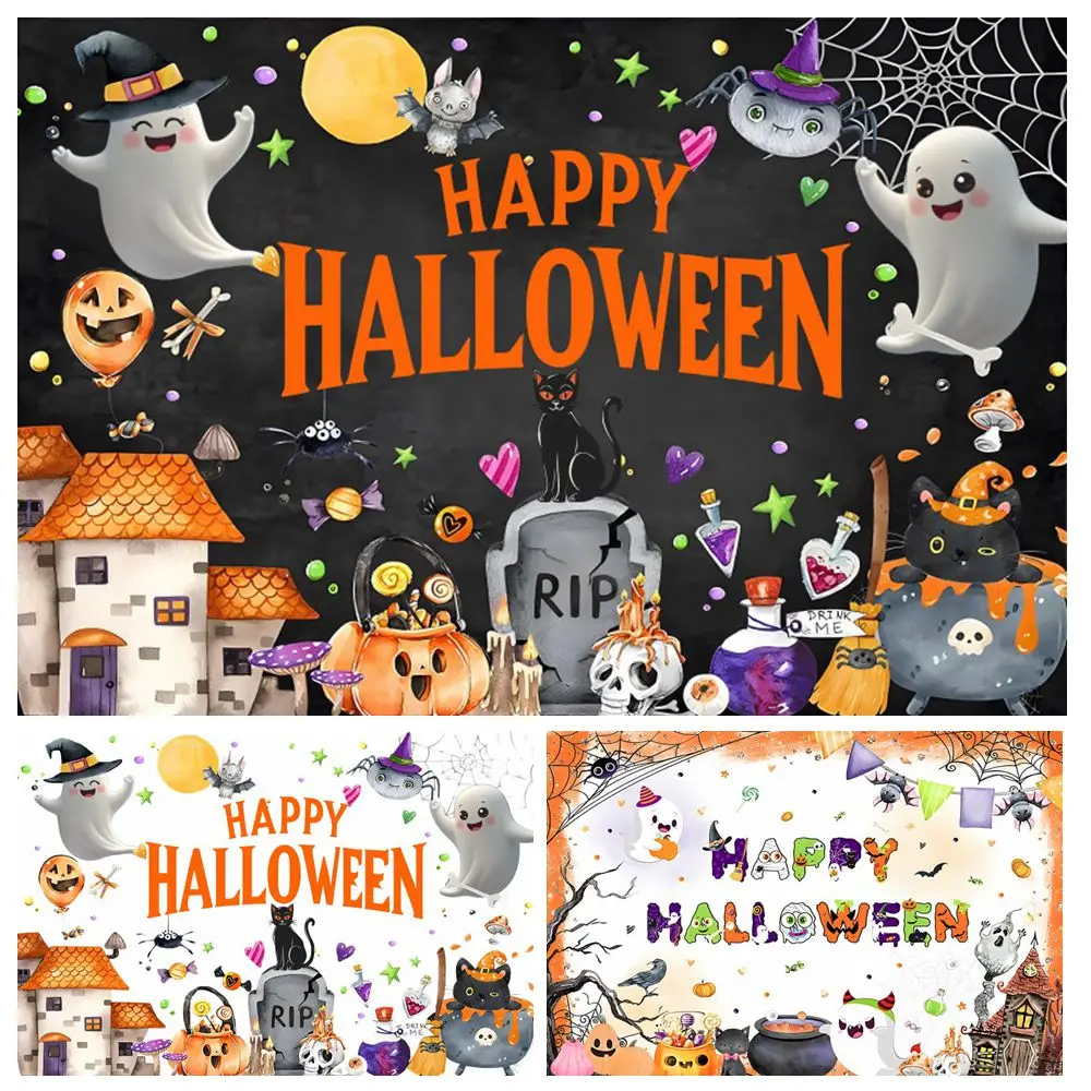 Halloween Photography Backdrop Cartoon Horror Pumpkin Witch Night Ghost Party Home Decoration Children Portrait Photo Background