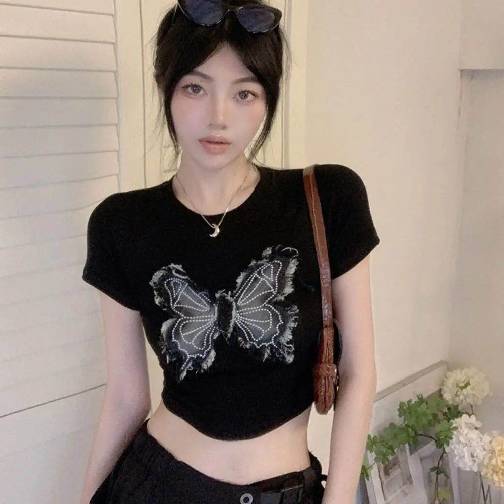 

Модные футболки с круглым вырезом и бантом, тонкие облегающие лоскутные топы с бабочкой и короткими рукавами, укороченный топ Y2k для женщин и девочек