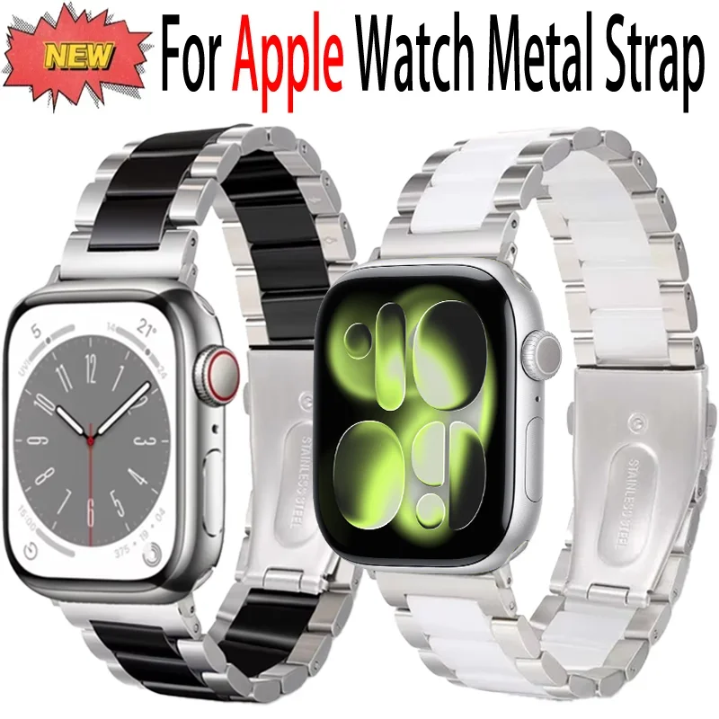 Correa de Metal + cerámica para Apple Watch 49mm 45mm 41mm 44mm 42mm 46/40mm pulsera de acero inoxidable iWatch Ultra 2 11 10 9 8 7 6 5 4 SE