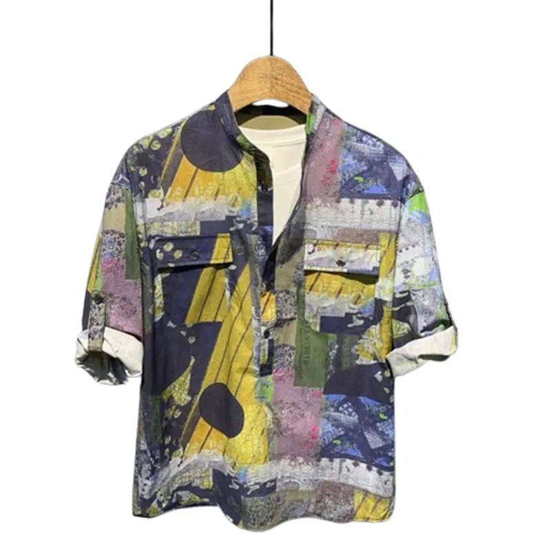 Elegant Fashion Harajuku Slim Fit Ropa Hombre Loose Casual All Match Outerwear Button Pockets Printed Three Quarter Sleeve Blusa