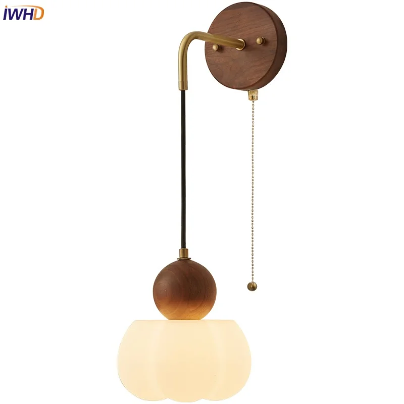 

IWHD Simple PE LED Wall Lamp Sconce Bar Hotel Bedroom Walnut Wood Adjustable Pull Chain Switch Art Ambient Bathroom Mirror Light