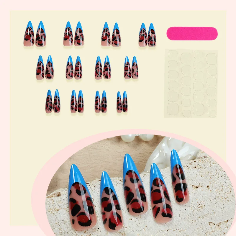 

24 шт. Длинные миндалевидные накладные ногти Y2K с градиентом французского кончика, коричневый леопардовый принт, пресс для ногтей с 3D-звездным дизайном, гель, искусство накладных ногтей