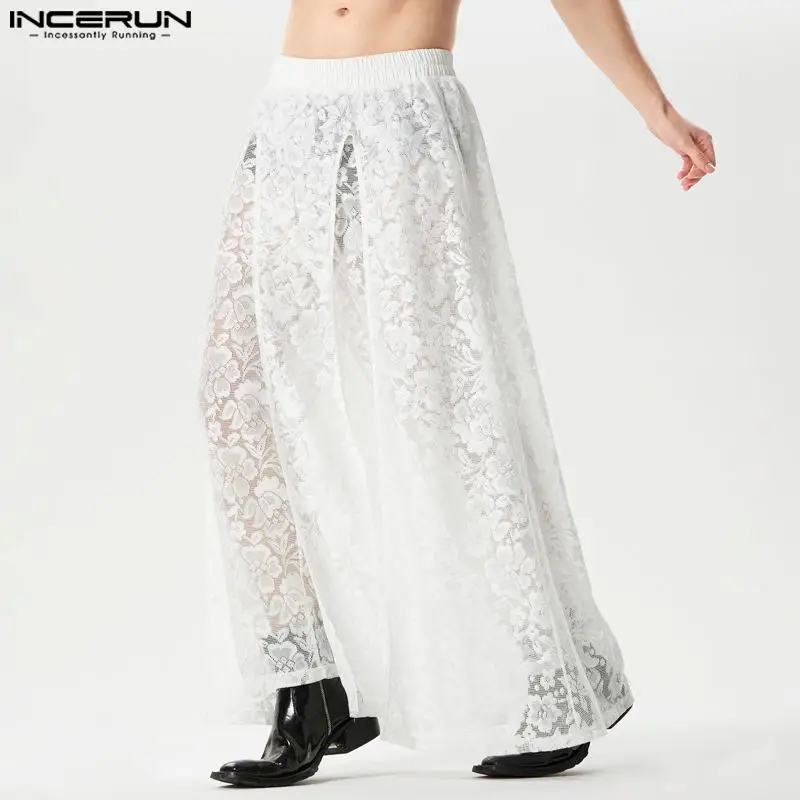 INCERUN 2024 American Style Sexy Mens Pantalons Lace Hollow Slit Design Pants Casual Party Shows Hot Selling Thin Trousers S-5XL