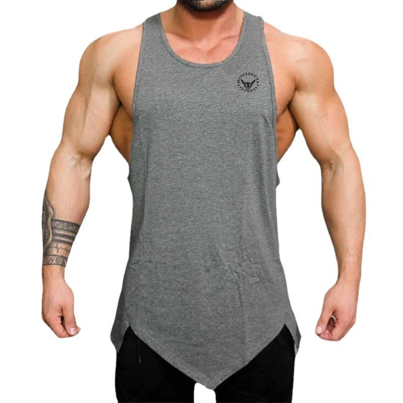 Summer Mens Gym Workout Running training Stringer Fitness Sports Cotton Muscle Irregular Tank Vests Blank Bodybuilding Tank Tops