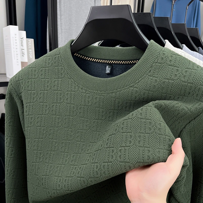 Herren-Pullover mit Rundhalsausschnitt, aus dickem Strick, mit Fleece-Futter, Jacquardmuster, lange Ärmel, weicher, warmer Stoff, für den Innen- und Außenbereich, Winter, Freizeitkleidung. – Detail 14