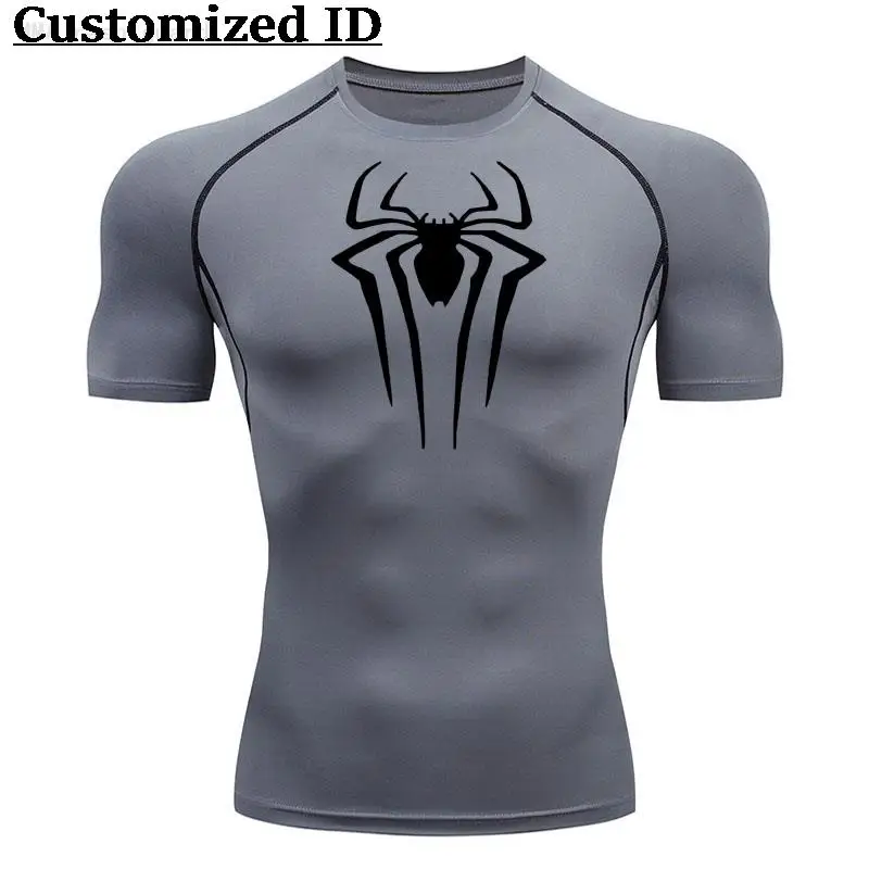 2024 new casual short sleeved men\'s T-shirt summer spider breathable quick drying sports top bodybuilding sportswear tight fitti