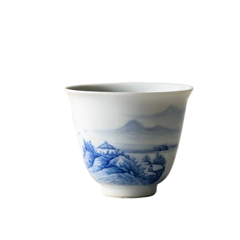 

*Hand-painted Ceramic Tea Cup Antique Blue And White Landscape Small Teacup Kung Fu Tea Set Zen Master Cup
