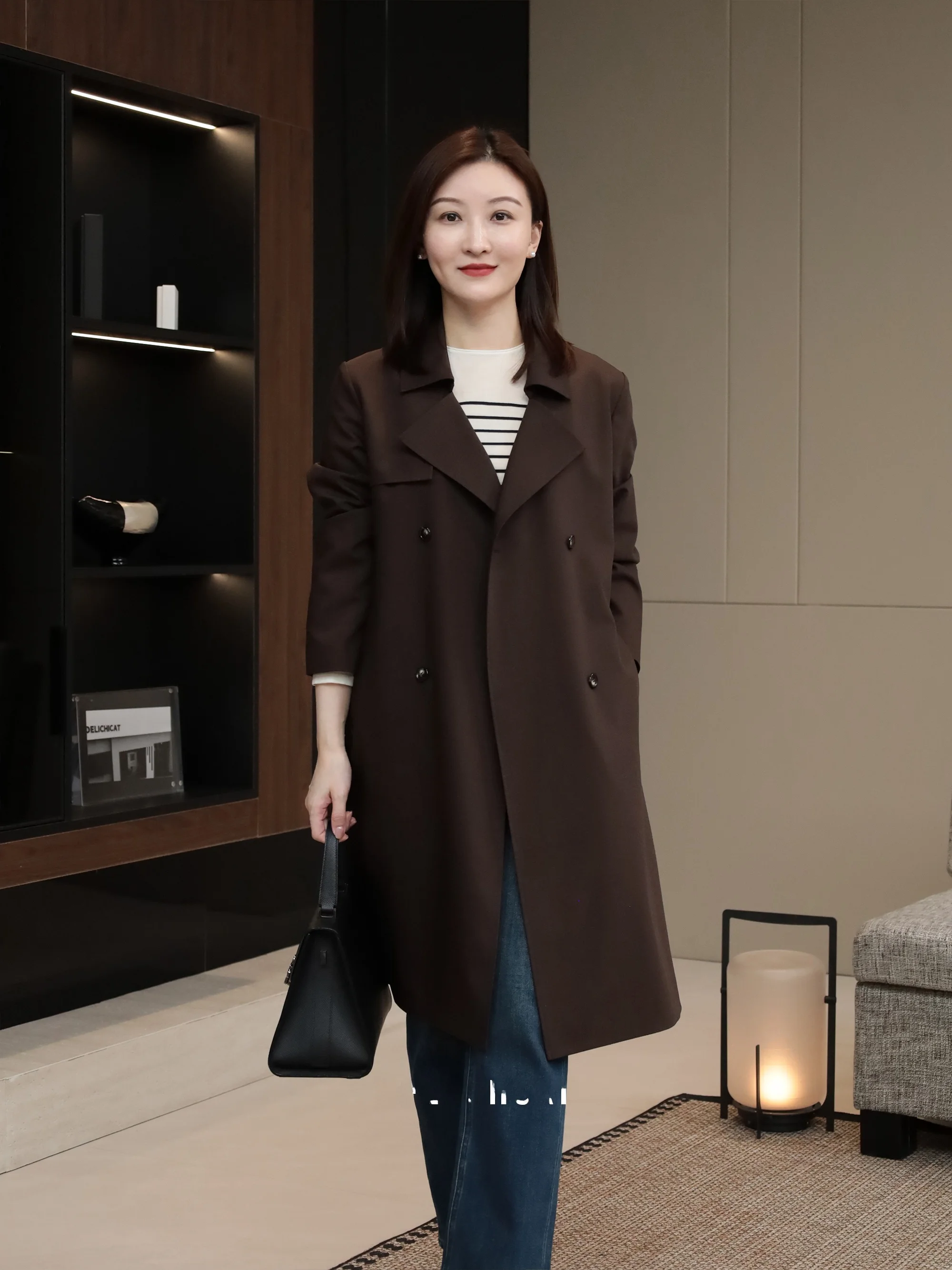 

CHI Ele Busin Wool Silk Anti-Wrinkle Commuter Sle Coat Long Length Double Breasted Women's Spring Faion Outerwear
