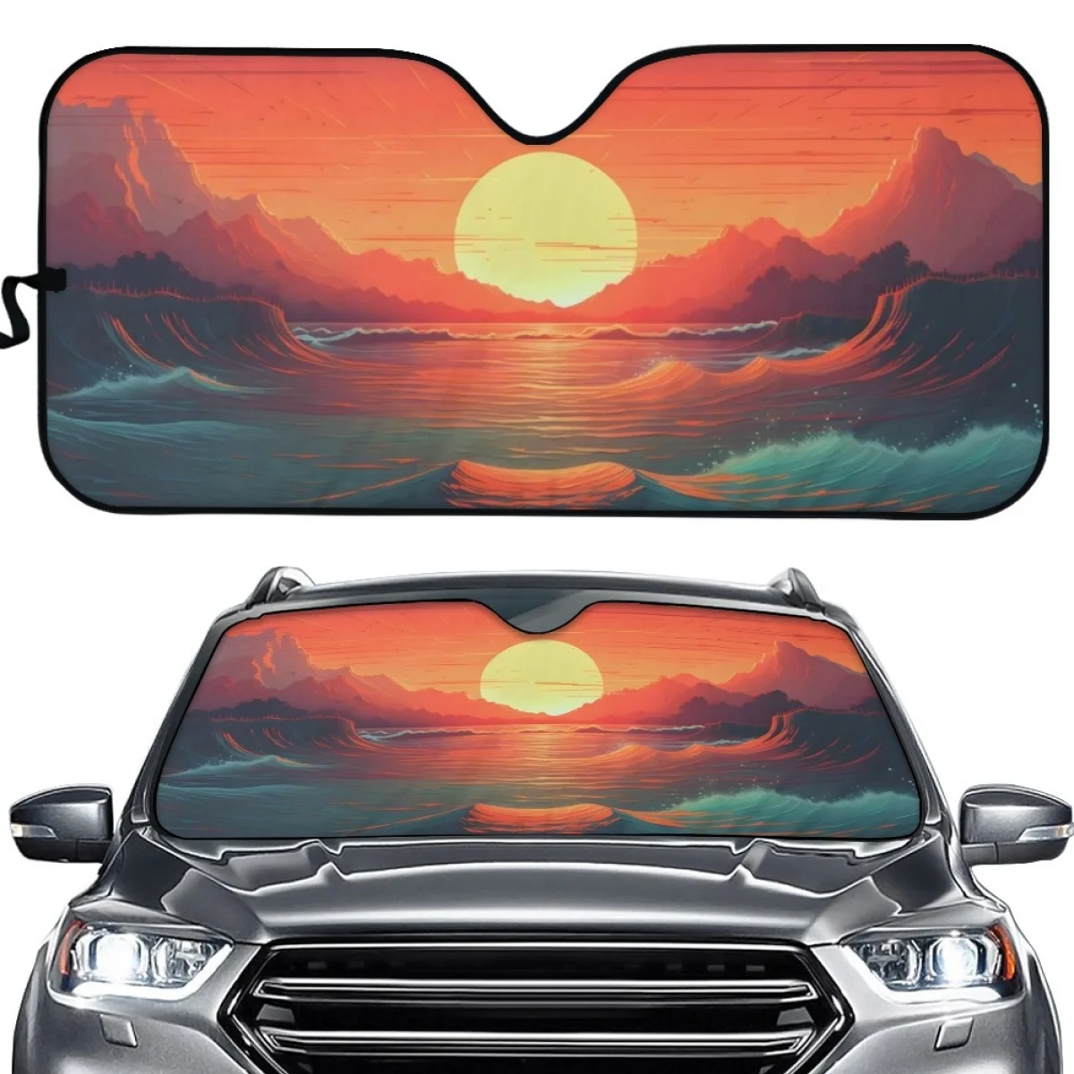 

Foldable Car Sun Shade Sunset Natural Scenery Cartoon Print Car Interior Protector Universal Auto Windshield Covers for SUV