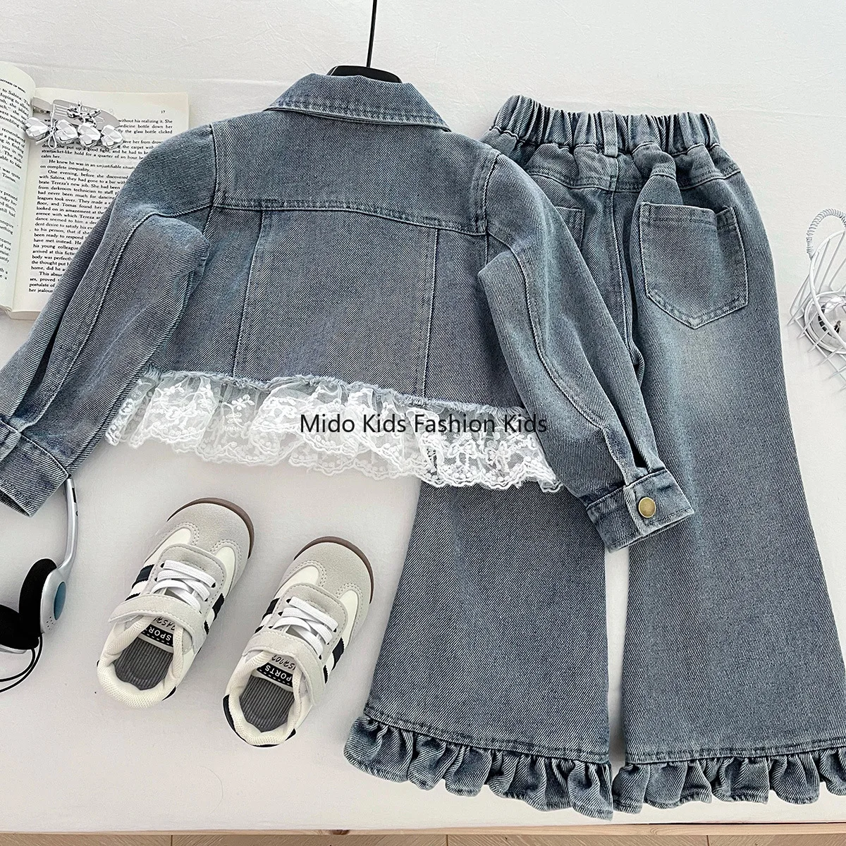 Girls Combination Suit Autumn New Korean Version  Girls Denim Top Lace Trousers Baby Cute Denim Two-piece Set 90-150cm