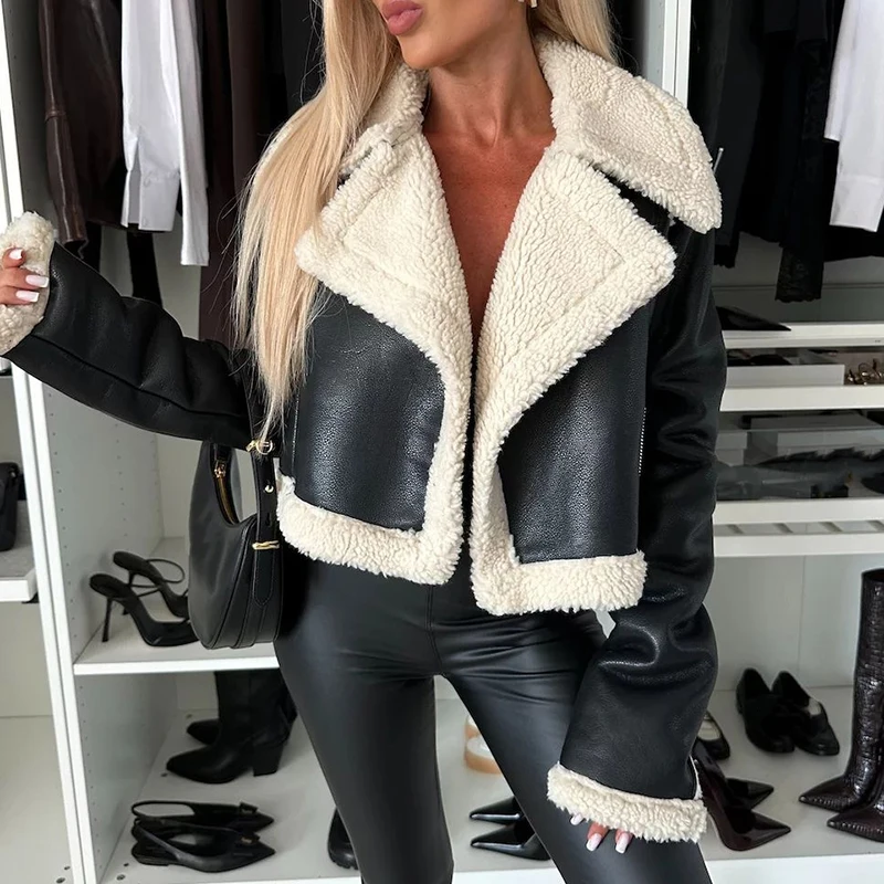 Autumn Elegant Lapel Collar Leather Jackets Women Causal Long Sleeve Solid Shorts Woolen Coats Winter Fashion Thick PU Outwears