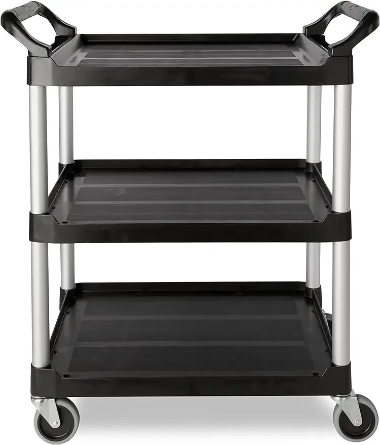 Commercial Products Heavy Duty 3-Shelf Rolling Service/Utility/Push Cart, 200 lbs. Capacity, Black, for Foodservice