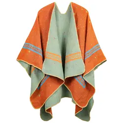 2024 Autumn Winter New Street Geometric Lattice Flower Pattern Imitation Cashmere Warm Shawl Cloak Women Poncho Capes Orange