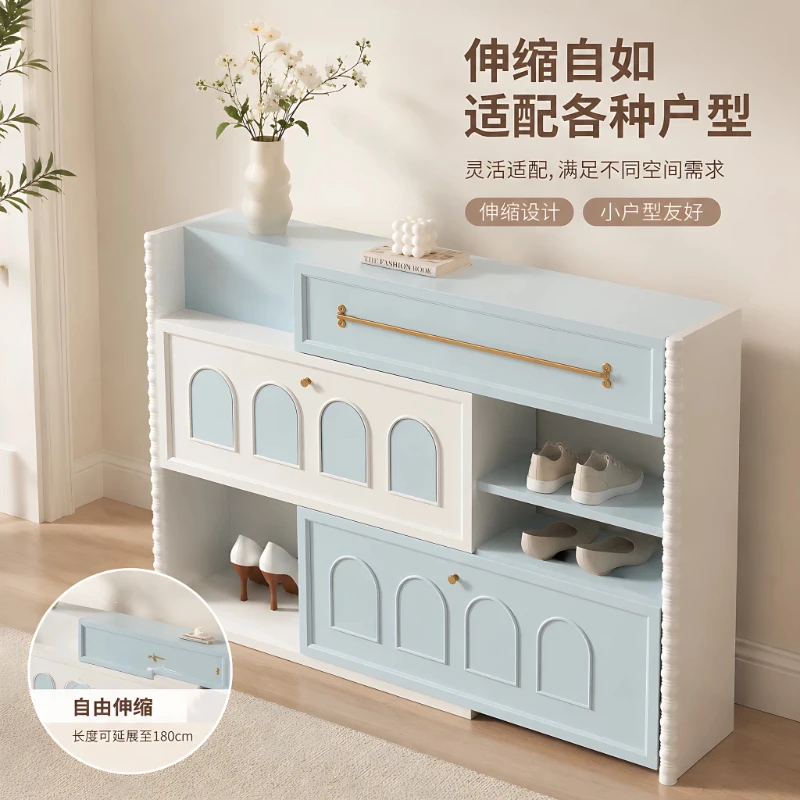 Solid wood paint French wind retractable shoe cabinet storage cabinet large capacity multi-layer locker simple modern