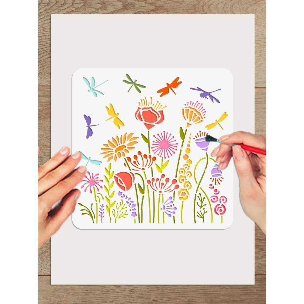 

1 шт. трафарет для рисования стрекозы 11,8x11,8 дюйма, дикие цветы, пластиковый многоразовый трафарет, шаблоны для рисования для рисования