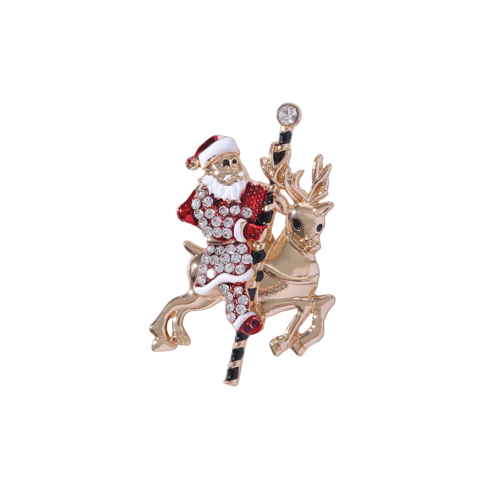 Creative Santa Claus Riding Reindeer Crystal Lapel Pins Rhinestone Golden Christmas Brooches Xmas Gift