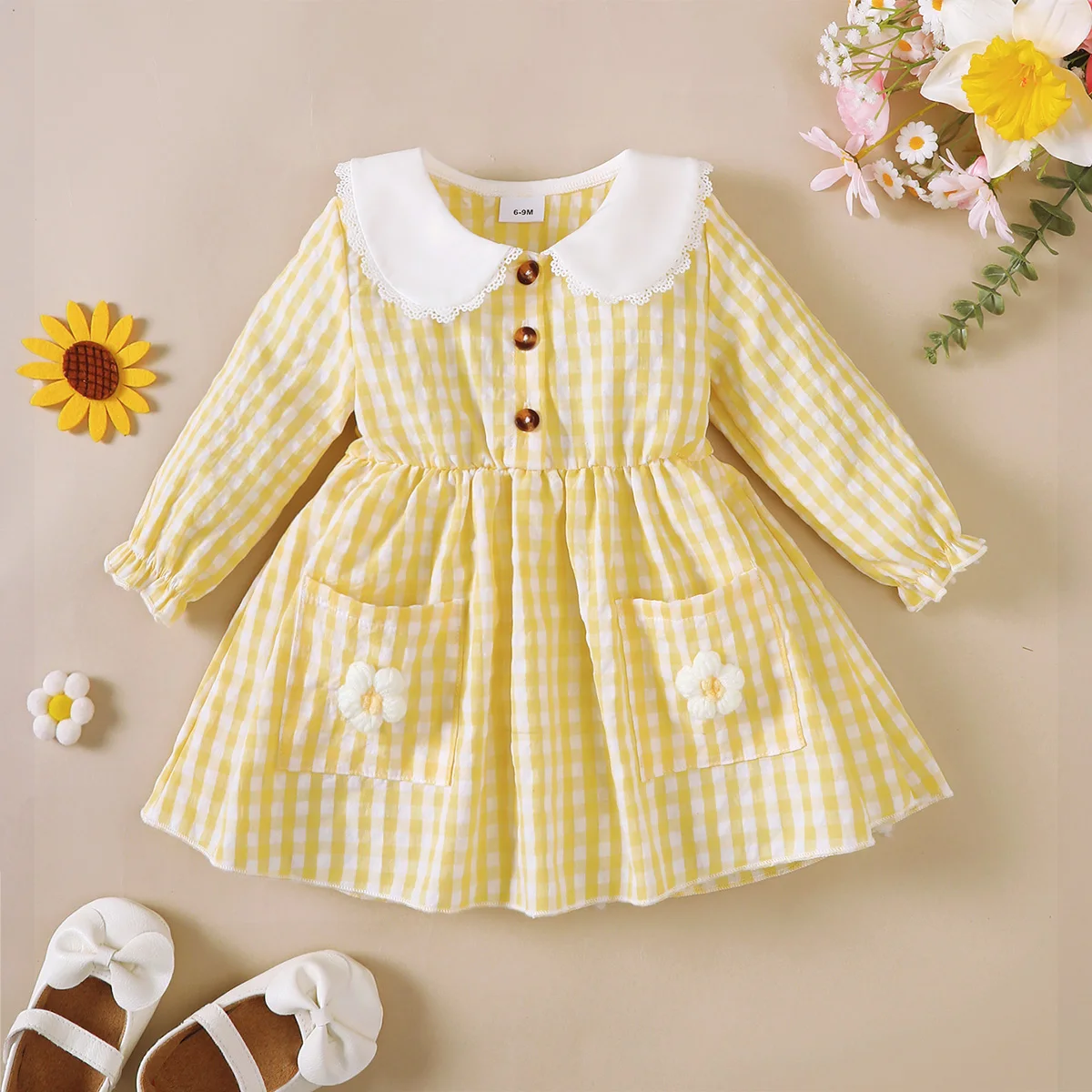 0-3 Year Cute Baby Girl Dress Lace Border Doll Collar Yellow Checkered Dress for Toddlers Autumn Dress for Outdoor Activities
