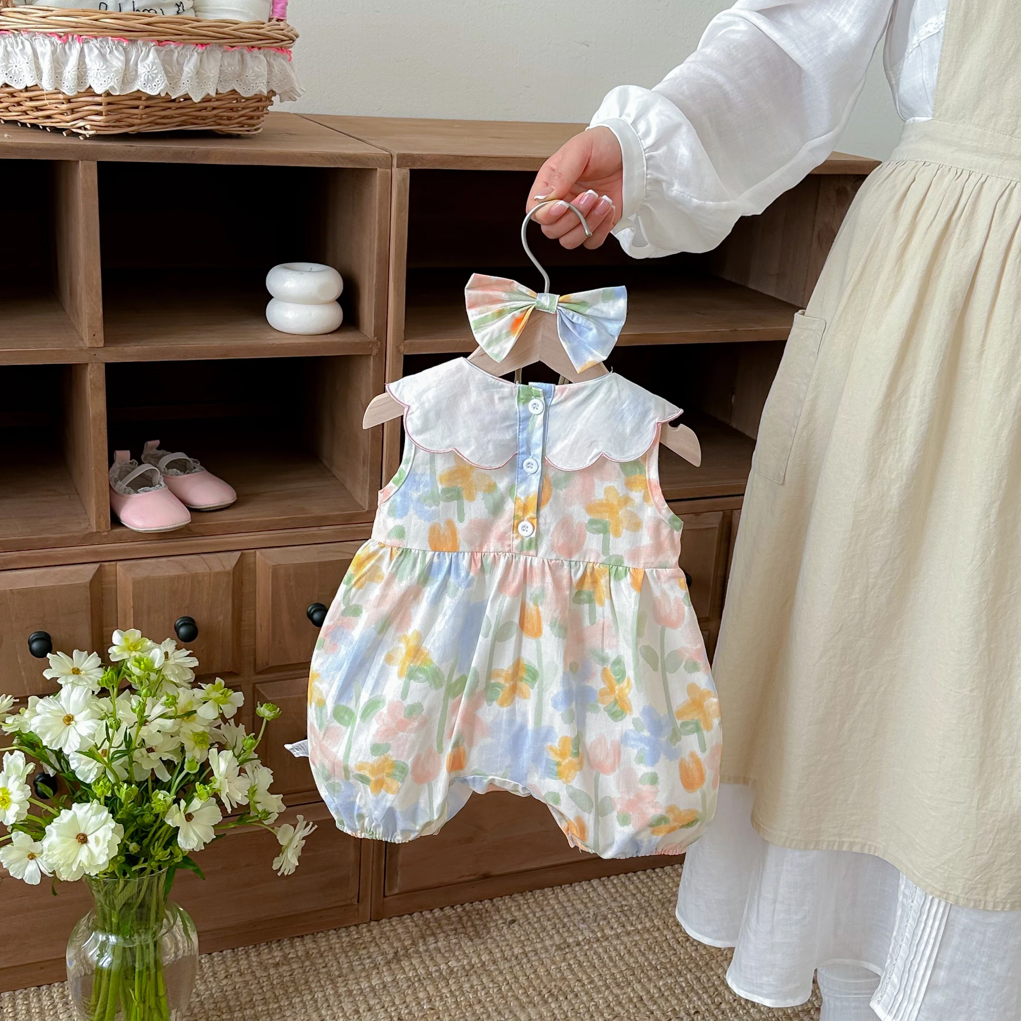 Newborn Baby Girl Floral Romper with Bow Headband Summer Sleeveless Peter Pan Collar Cotton Jumpsuit Infant Princess Outfit 0-24