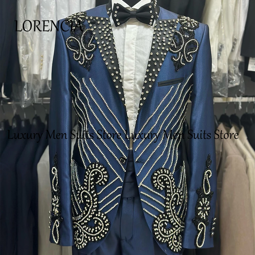 

Luxury Applique Suits for Male 2 Pieces Crystal Tuxedos Sparkly Evening Party Outfit Customized Blazer Pants costume homme luxe