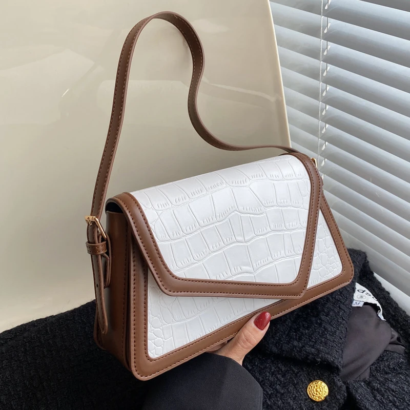 Popular Temperament Vintage Shoulder Bag Women Splice Crocodile Messenger Bag Women Pu Leather Ladies Underarm Hand Bags