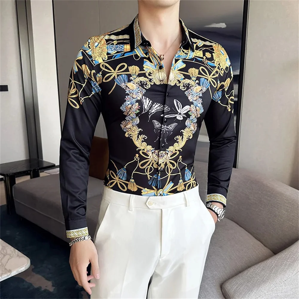 Men's cartoon bear patterned long sleeved shirt, streetwear, butterfly casual top, elegant clothing, comfortable polyester fiber