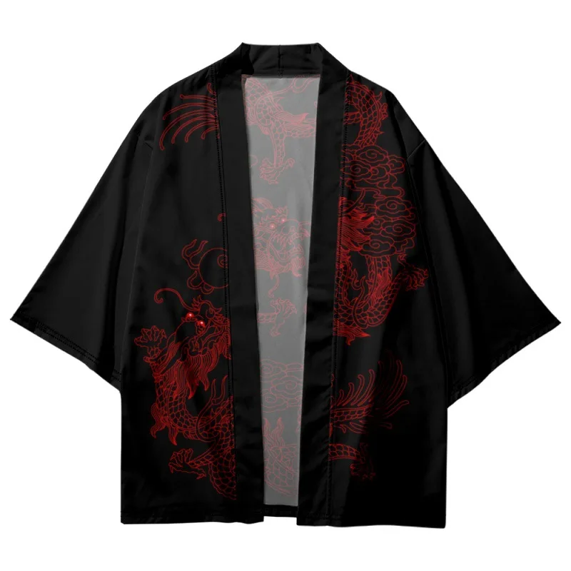 Chemise de Style Chinois à Imprimé Dragon Rouge pour Homme et Femme, Kimono Traditionnel Japonais Haori, Cardigan de Plage, Samouraï, Y-Streetwear