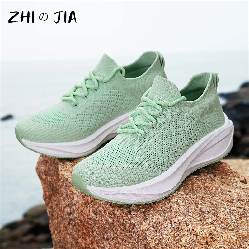 Spring Summer Lace-up Sock Shoes Couple Thick soled Running and Fitness Shoes Mesh Breathable Knitted Footwear 36-45