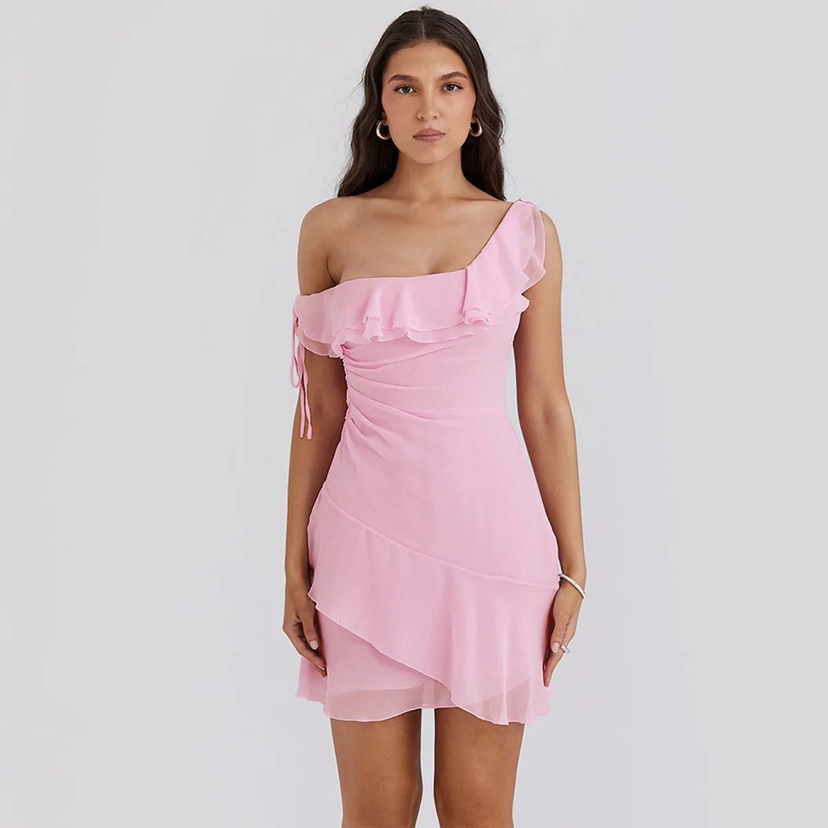 

Spice girls women's new high-end chiffon ruffle edge oblique shoulder French dress sweet and spicy pink fashion simple temperame