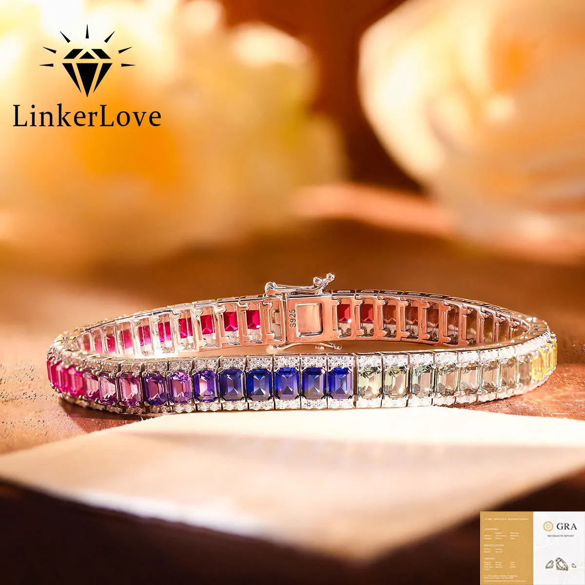 LinkerLove Gradient Rainbow Sapphire Tennis Bracelet for Women 925 Sterling Silver Lab Grown Emerald Cut Sapphire Luxury Jewelry