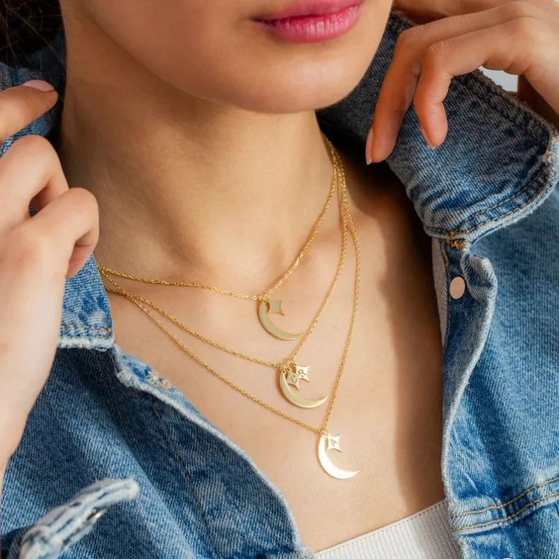 الهلال القمر ستار قلادة مخصصة الأحرف الأولى القمر والنجمة قلادة، هدية لها، هدية عيد الميلاد، قلادة رسالة شخصية