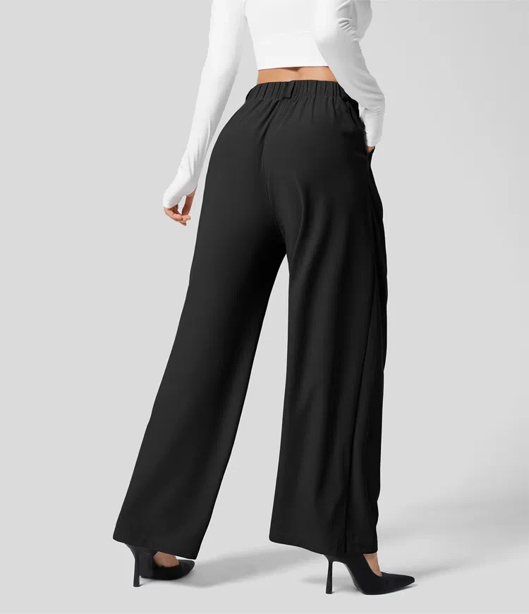 Damenhose, karierte, figurbetonte Hose mit weitem Bein und Taschen, hochtaillierte, lässige, figurbetonte Hose mit weitem Bein für Damen. – Detail 6