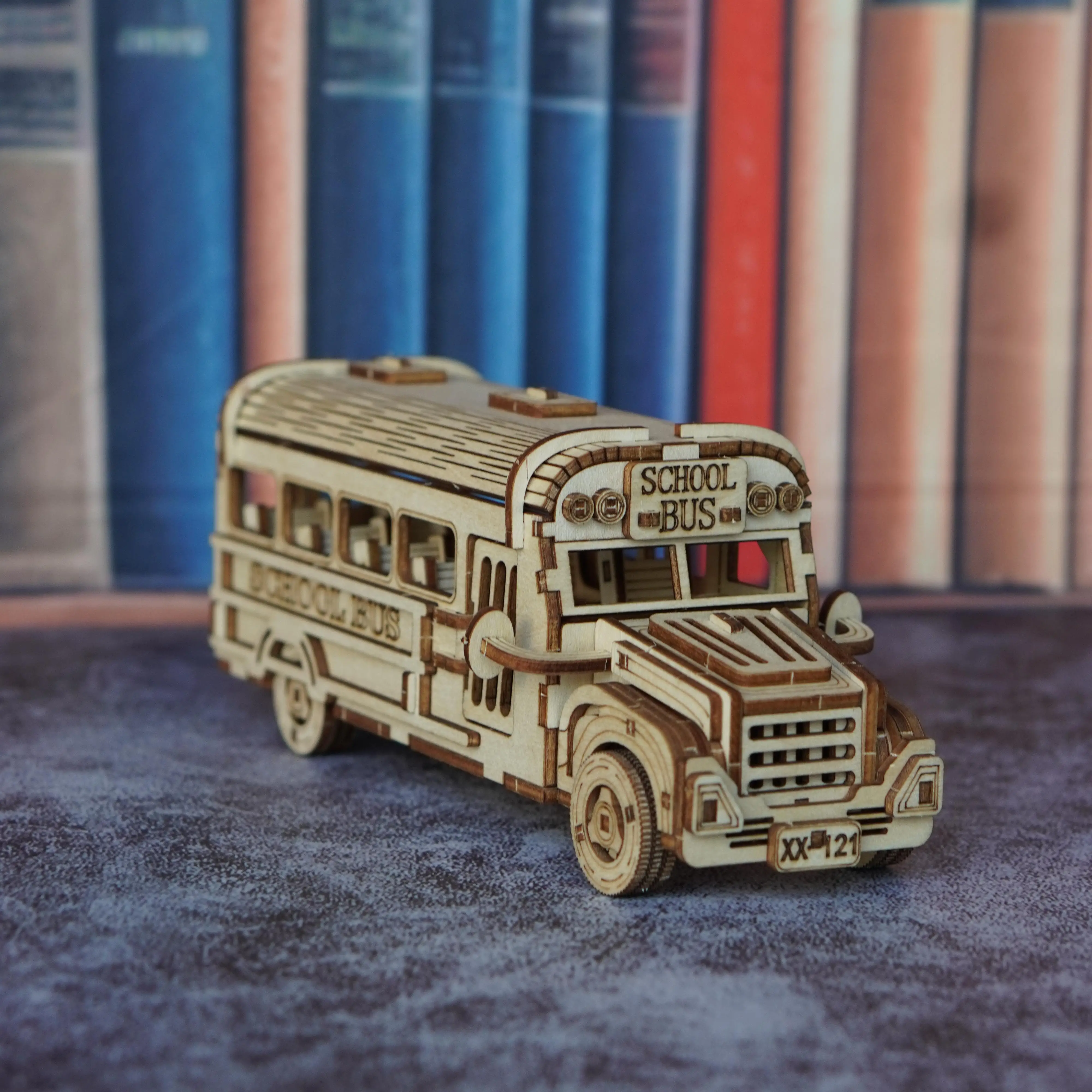 نموذج تجميع حافلة مدرسية أحجية خشبية ثلاثية الأبعاد، نموذج سيارة مجمع يدويًا، هدية تزيين لعبة إبداعية ذاتية الصنع #2