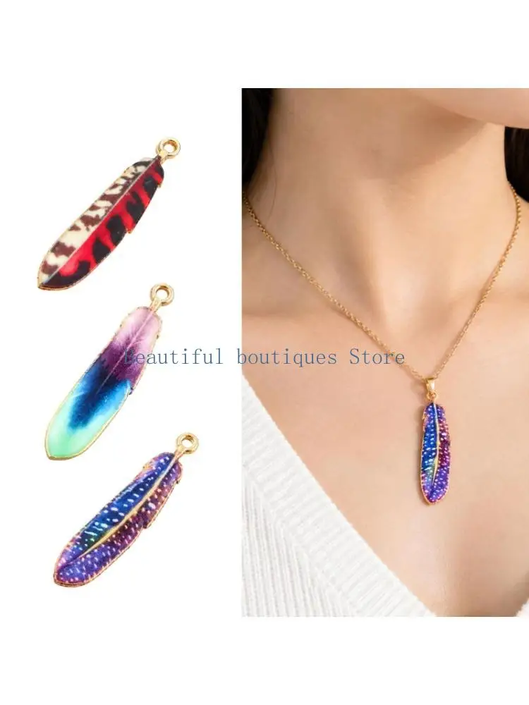 U4LF Feather Pendants for Jewelry Making with Colorful Enamel-Style Surfaces and Top Connection Rings for Hanging Craft Projects