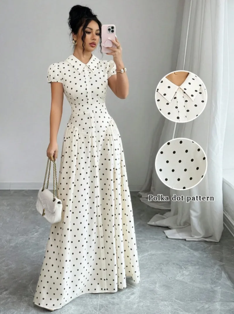 2026 Sommer Damen Französisches Retro Polka Dot Maxikleid Elegantes Revers Puffärmel Slim Fit A-Linien Langes Kleid für Dates, Alltag und Partys – Detail 4