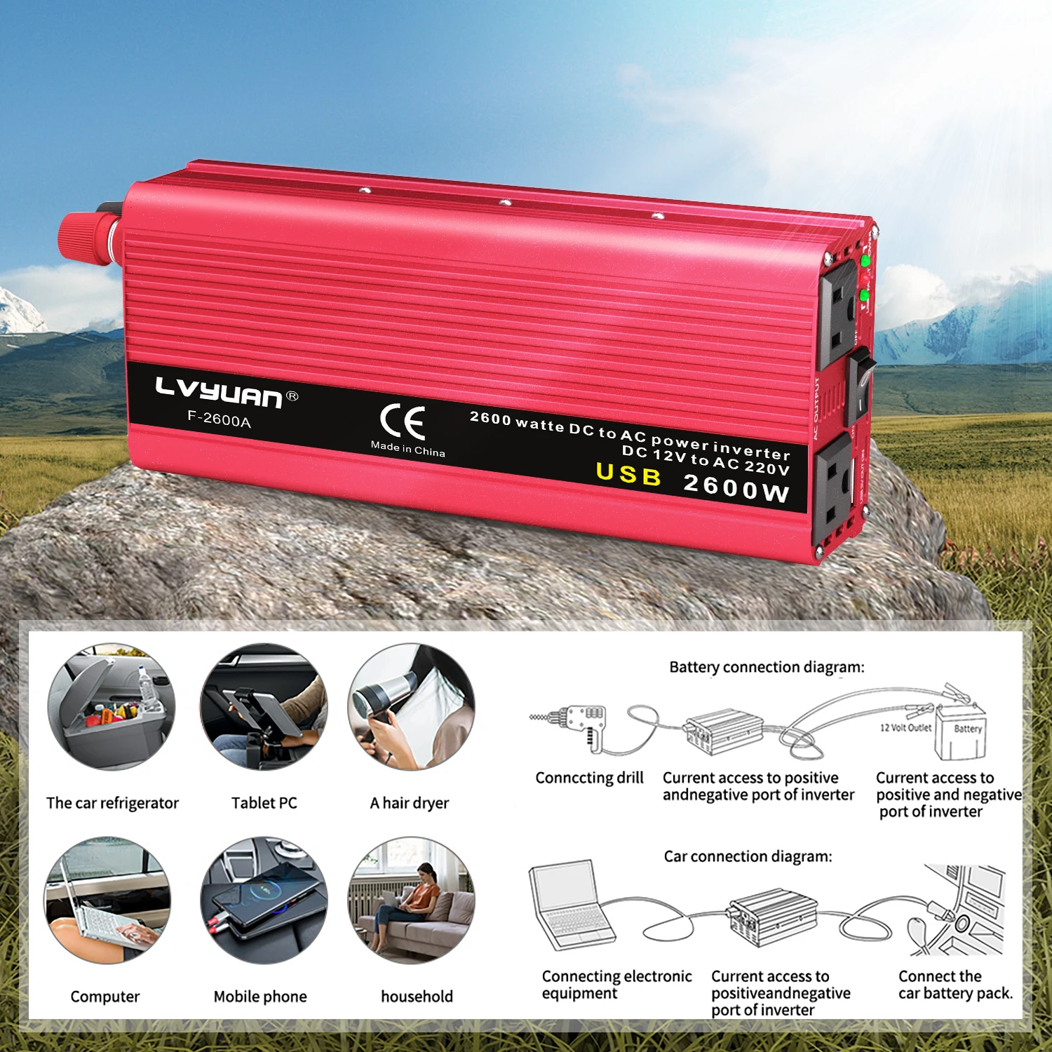 AC110V Power Inverter DC/AC 12V to 120V Car Inversor US Standard Socket 60Hz Outdoor Battery Adapter