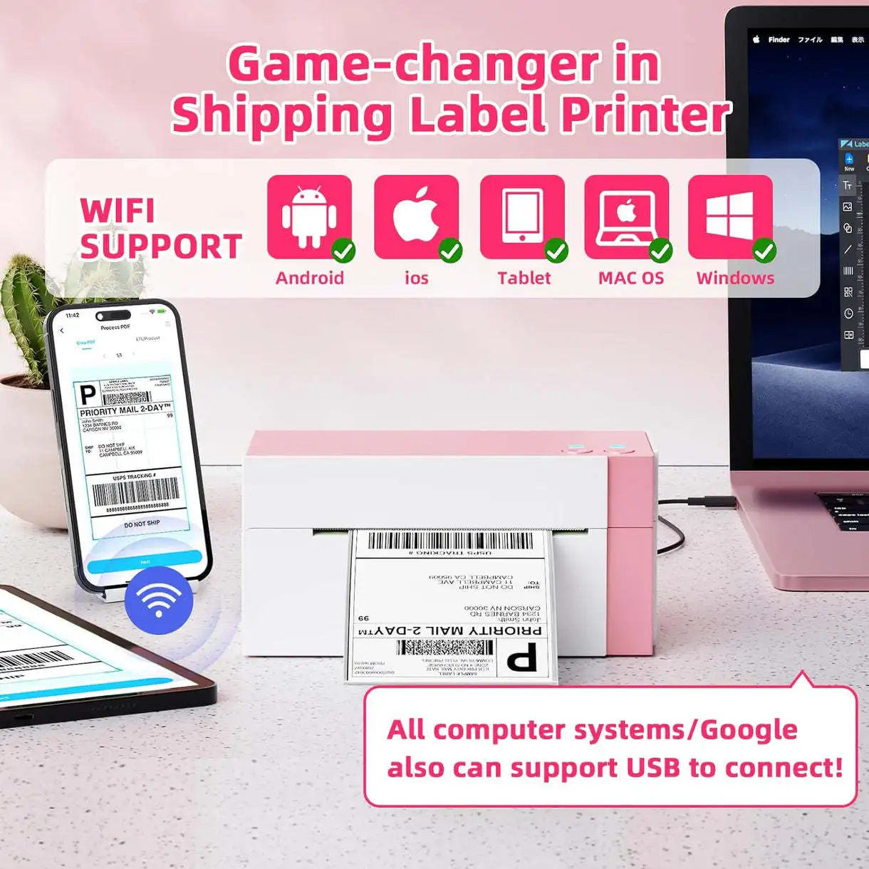 Phomemo 344 اتصال لاسلكي حراري واي فاي HD Express طابعة بوليصة الشحن الإلكترونية آلة تسمية الباركود