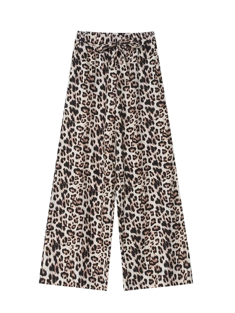 2024 Summer New European Women\'s Linen Blended Leopard Print High Waist Loose Straight Wide Leg Trousers