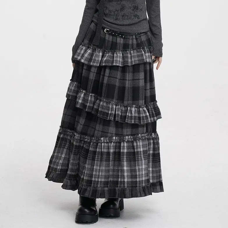 Loose Fit Plaid  Skirt with Elastic Waist in Black And Grey for Women Spring Autumn Season Y2K Subculture Fashion Long Skirt