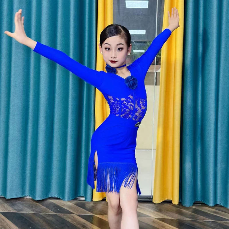 

Blue Long Sleeved Latin Dance Dress Girls Latin Fringed Dress Kids Salsa Samba Rumba Dresses Performance Dance Costume DWY9459