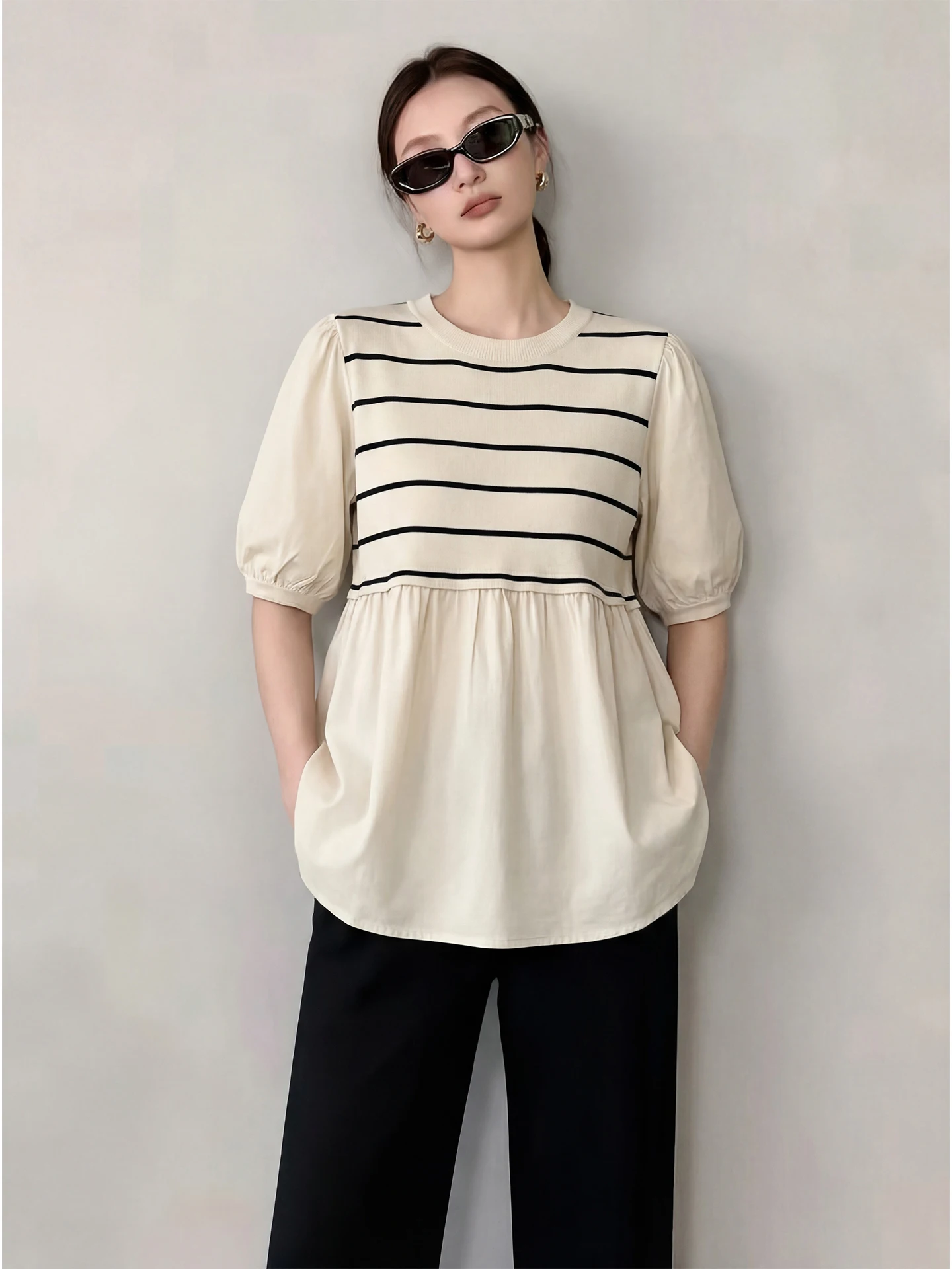 

Французский топ с круглым вырезом и коротким рукавом в полоску, женский, с эффектом двухслойности, утягивающий талию, уникальный, специальный, скрывающий живот.