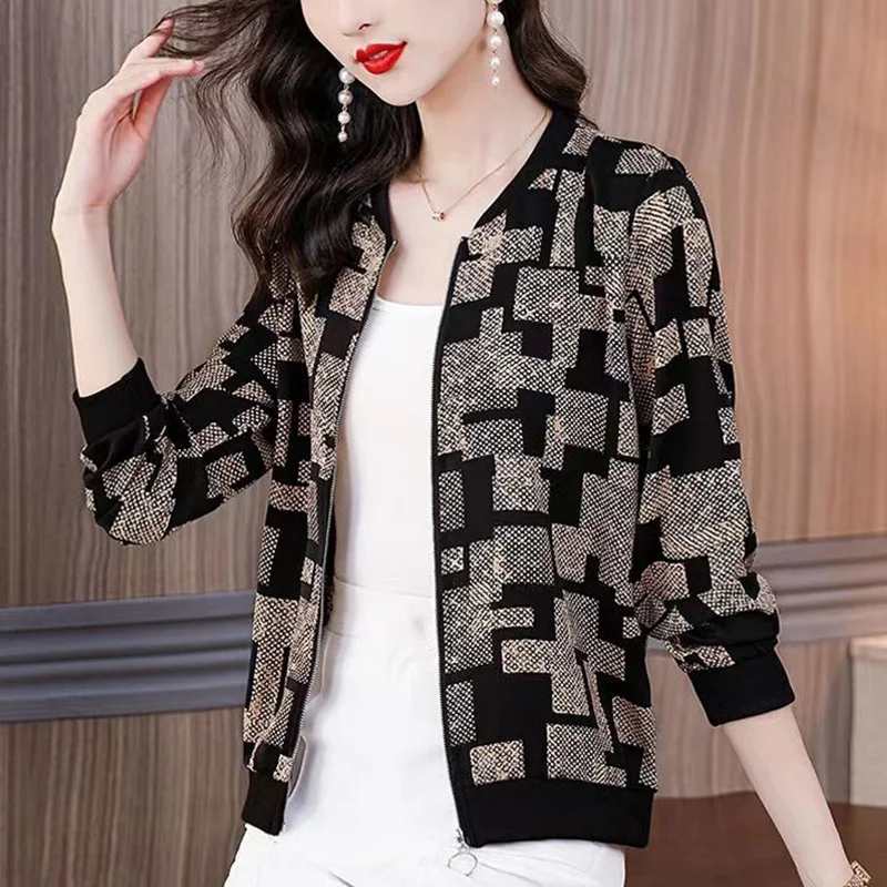 Fashion O-Neck Spliced Zipper All-match Printed Coats Women Clothing 2023 Autumn New Oversized Casual Tops Loose Commute Jackets