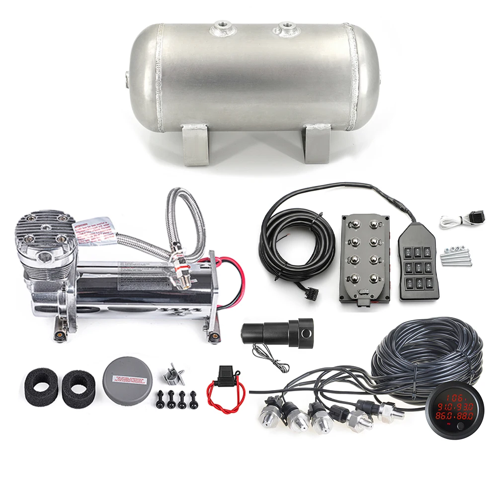 

Universal Air Management Kit 8-way Solenoid Valve Air Ride Suspension Kit 1.8G Air Tank Compressor Pump 5 Display Pressure Gauge