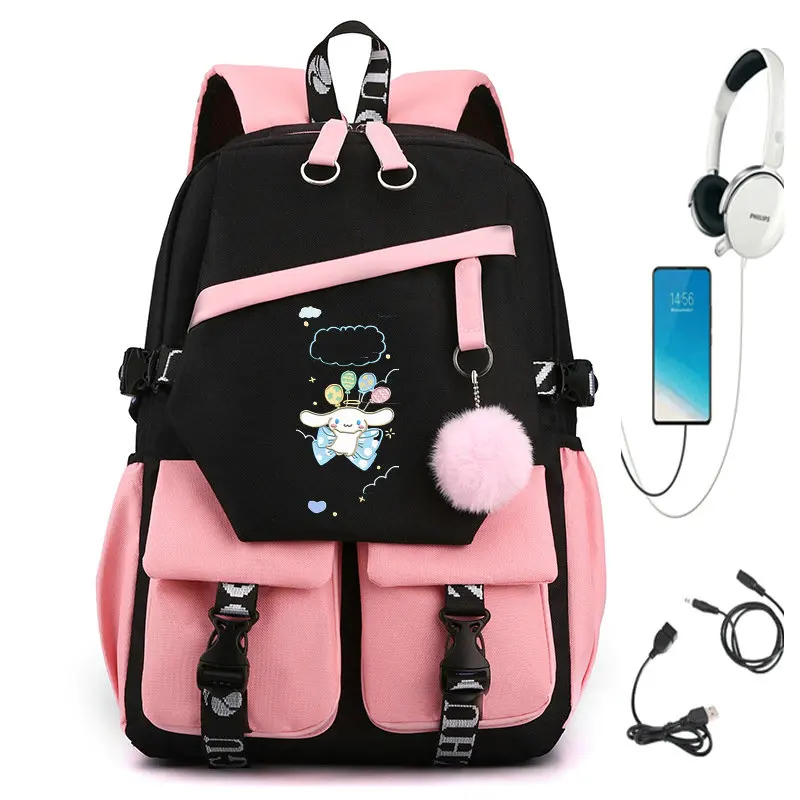 MINISO Lovely Kuromi Melody Backpack USB Girls Boys School Bag For Teens Canvas Laptop Back Pack Capacity Rucksack Anime