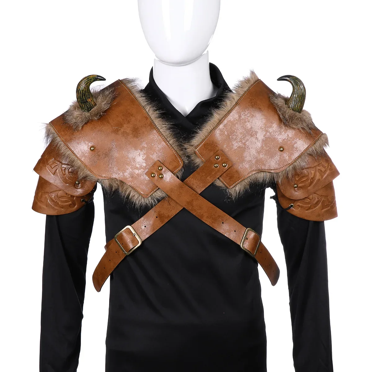 Halloween Medieval Renaissance Cosplay Costumes Props PU Leather Pirate Shoulder Armor with Horn Carnival Dress Up Party