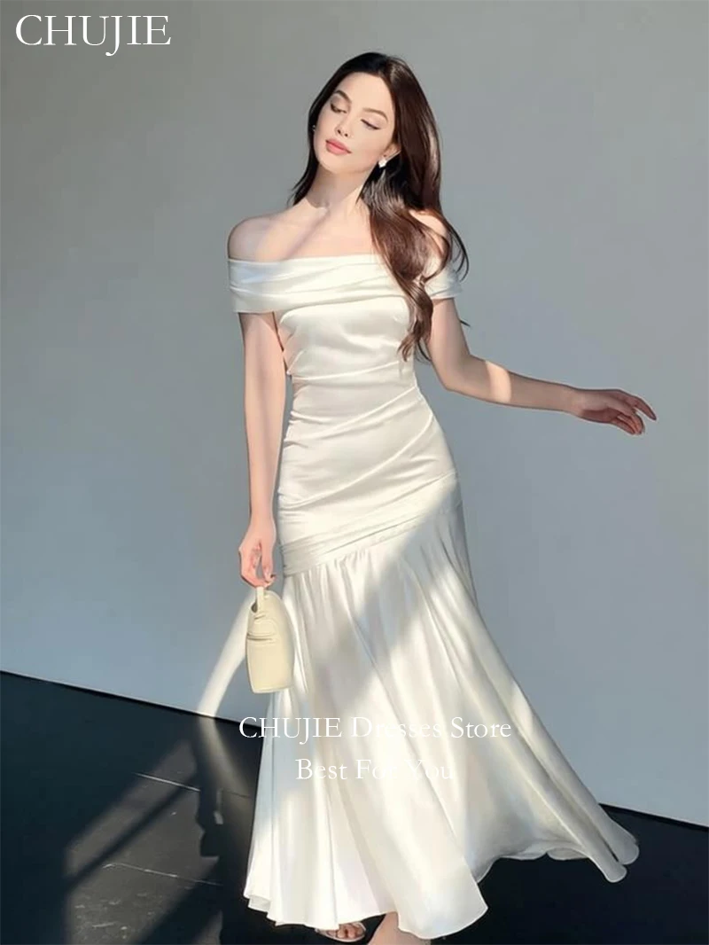 Modest Stain Off Shoulder Wedding Dresses Mermaid Pleated Long Bridal Gowns Bride Dress Vestido De Novia Guest Party Gowns
