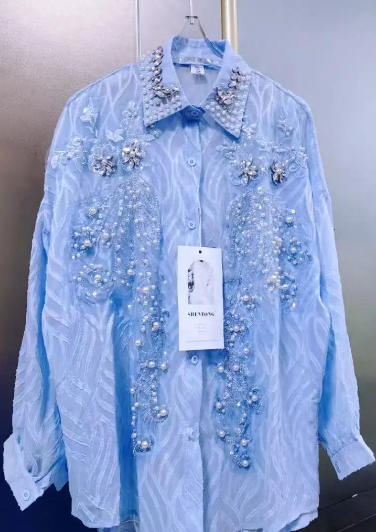Luxury Pearls Beads Stitch Blue Blouses Shirts For Women 2025 Spring Summer New… - Image 2